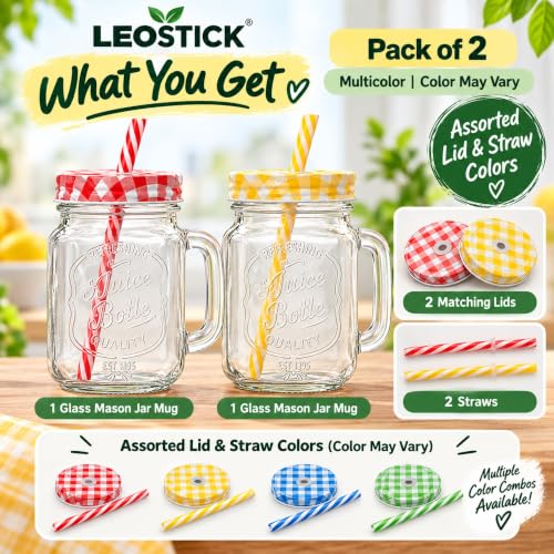 Image of LEOSTICK Glass Mason Jar with Lid & Straw, Transparent 250ml, Set of 2