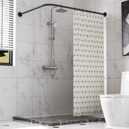 Image of Stretchable 304 Stainless L Shaped Bathroom Bathtub Corner Shower Curtain Rod Rack (Black 90-120x90-120cm)