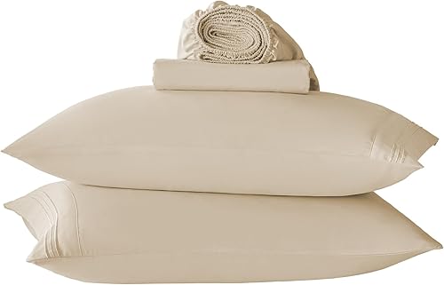 Juego de sábanas de tamaño matrimonial color beige, juego de sábanas bajeras y fundas de almohada de bolsillo profundo, 4 piezas de microfibra suave