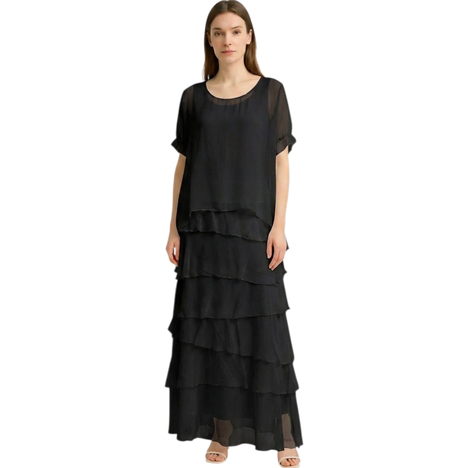 Alam Exclusive Women's Black Italian Lagenlook Plain Short Sleeve Frill Frayed Detail Silk Midi Maxi Dress One Size (As8, Numeric, Numeric_8, Numeric_16, Regular, Regular, )