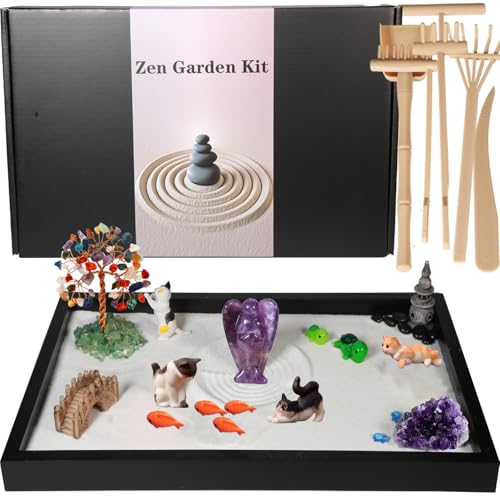Zen Garden for Desk, with Crystals and Healing Stones & Cat Figur...