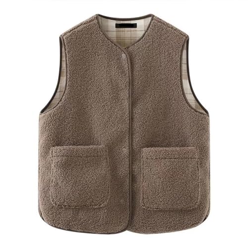 Women 2024 Fall Reversible Vests Sherpa Fleece Jackets Cozy Sleeveless Button Down Plaid Gilet Waistcoat with Pockets