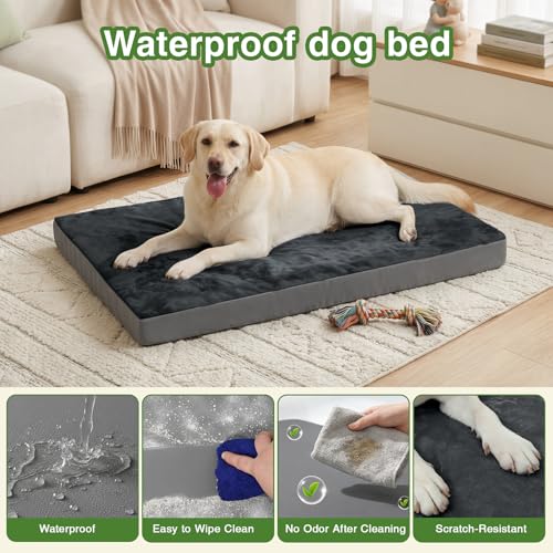 Image of Waterproof Dog Bed Large Sized Dogs, Orthopedic Washable Crate Pad 35 inchx22 inch | Outdoor Pet Bed Foam, Reversible Faux Leather & Flannel, Durable Removable Cover, Anti-Slip Bottom,Kennel Pad 36 inch Dark Gray