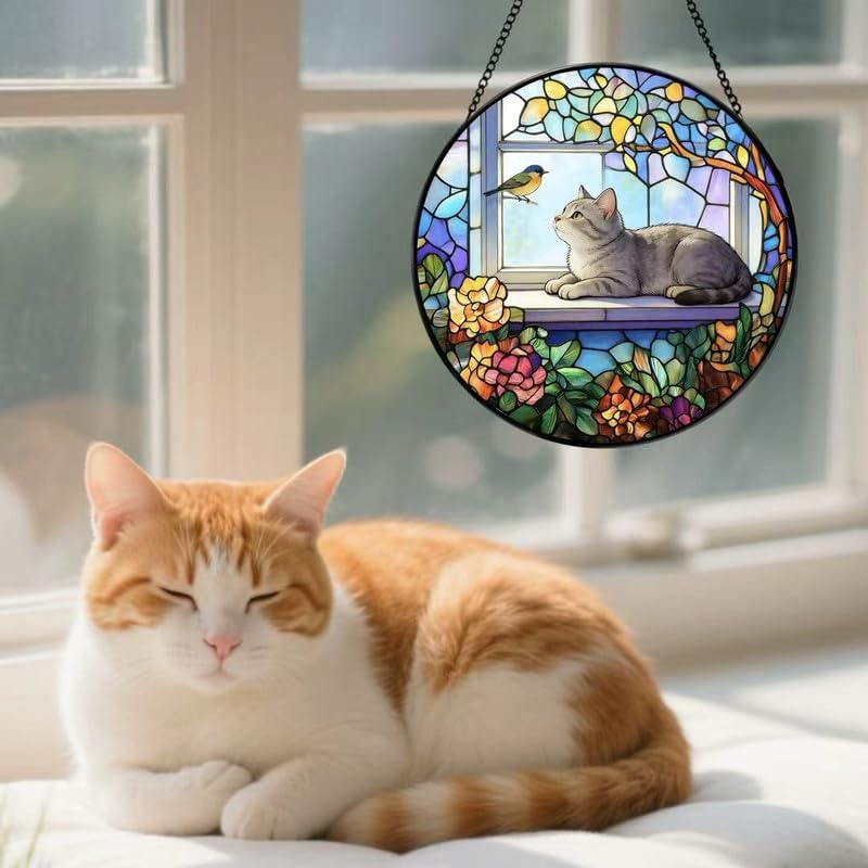 Stained Glass Cat Window Suncatcher, Cat on Windowsill Sun Catcher, Colorful Pet Lover Window Decor Gift