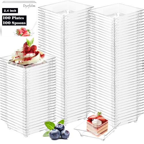 Dyrfolm 100 Pack Mini Dessert Plates with Spoons,1 oz Mini Appetizer Plates,Clear Plastic Dessert Plates,Reusable Mini Plates for Desserts Sauces Fruit Appetizers Cake Tastings (2.4'')