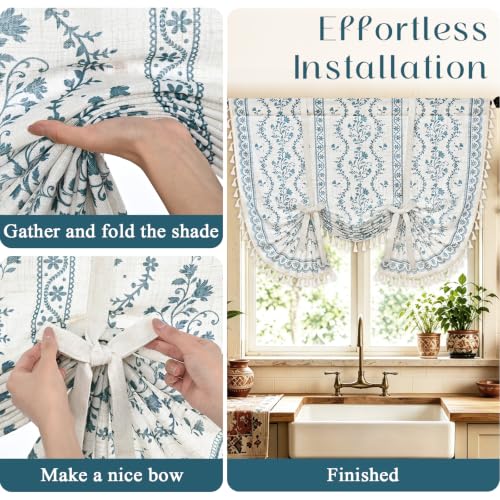 Image of Yinhua Boho Tie Up Curtains for Windows Vintage Linen Valance Light Filtering Floral Valance Rod Pocket Rustic Adjustable Tassel Window Valances for Bathroom, 42 inch W X 45 inch L, White Blue