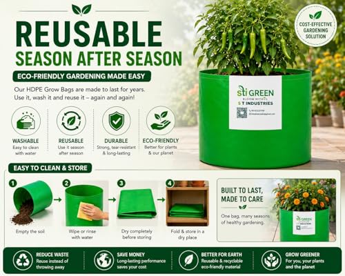 Image of HDPE Grow Bags for Plants 24X36 Inch (Pack of 3) | 260 GSM Heavy Duty UV-Protected Round Green Colour Plant Bags for Terrace and Vegetable Gardening | Strong & Reusable|