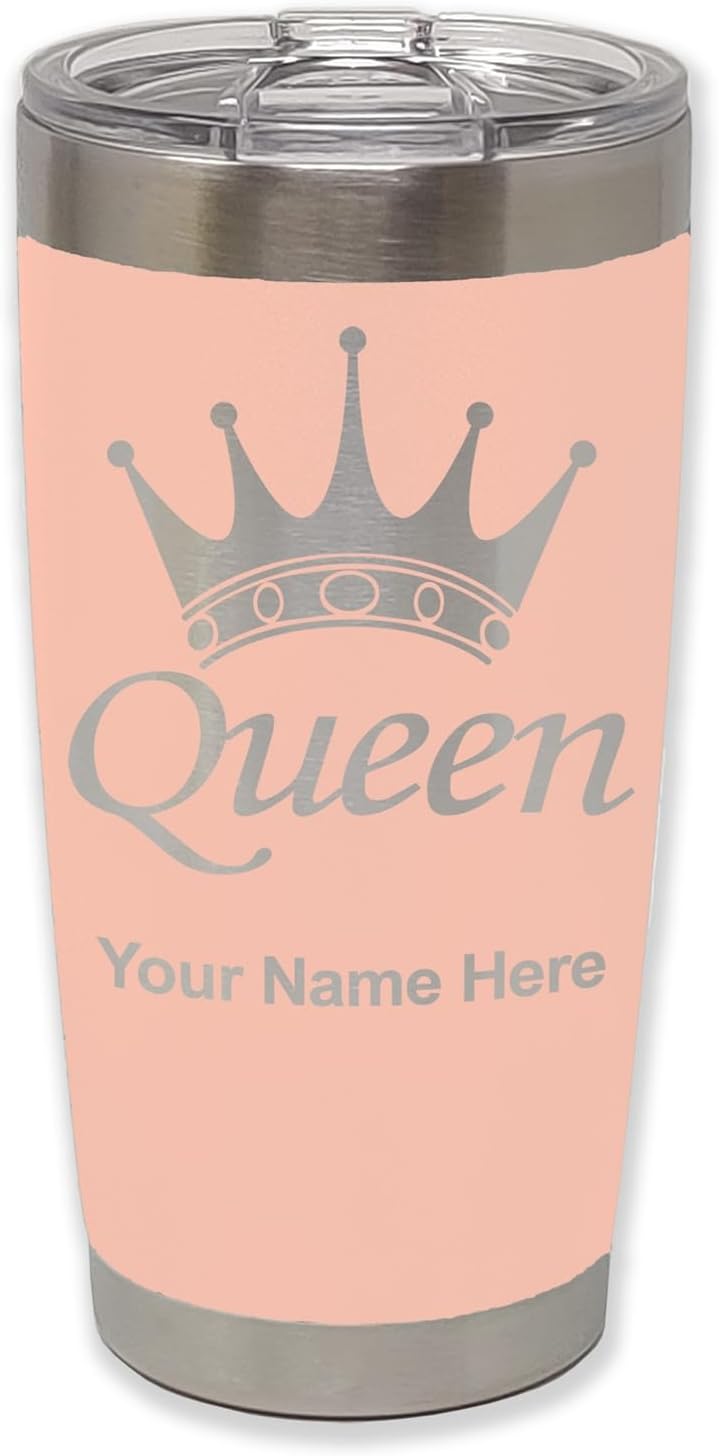 LaserGram 20oz Vacuum Insulated Tumbler Mug, Queen Crown, Personalized Engraving Included (Pink)