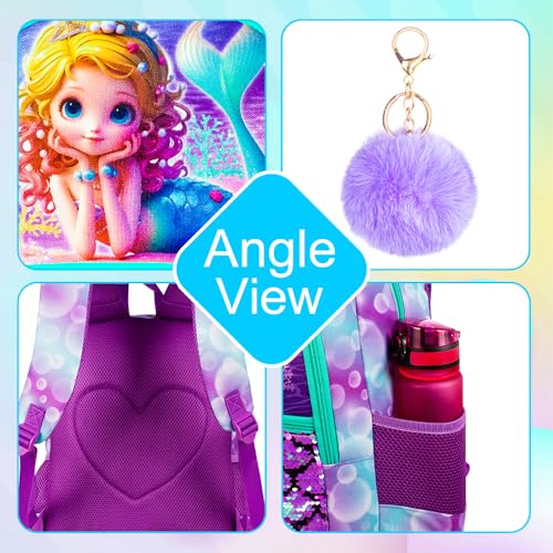 Image of 3Pcs Mermaid Backpack for Girls, 16 inch Sequins Kids Bookbag with Lunch Box, School Backpacks Set for Elementary Preschool Kindergarten(Purple)