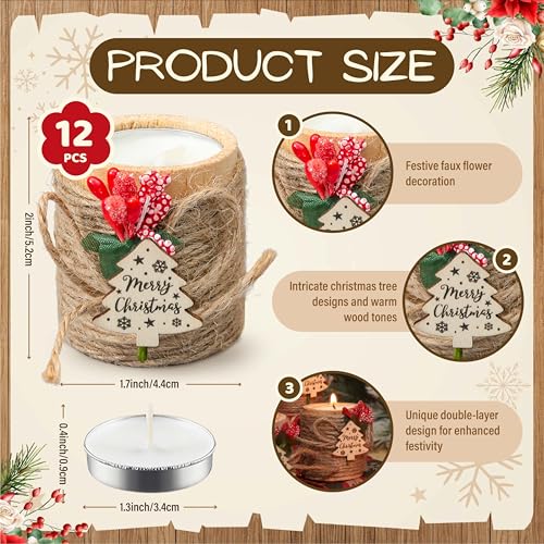 木製キャンドルホルダー キャンドル付き 12個 ジュートロープ付き クリスマスパーティーの記念品 テーブルセンターピース用ホリデーティーライトホルダー ホームデコレーション クリスマスギフト 靴下詰め物 [2]