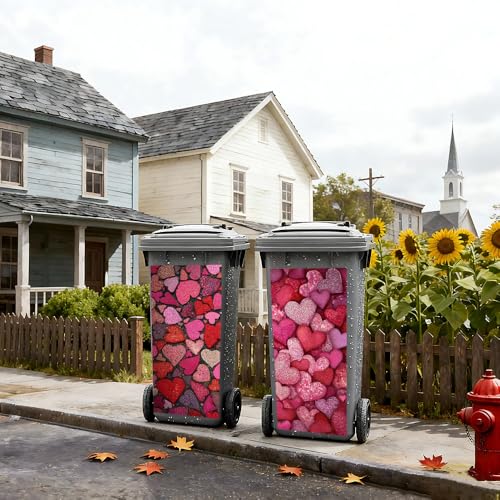 Image of 2 PC Trash Can Sticker 14.57 x 32.28 Inch Pink Mosaic Heart Design Vinyl Sticker with Stone Path and Romantic Pattern for Outdoor Garbage Bin Garden Yard Driveway Home Decor
