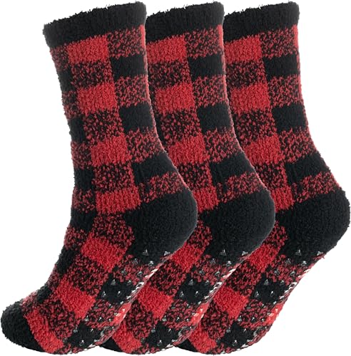 BomKinta Grip Fuzzy Slipper Socks Women - Cozy Warm Hospital Socks with Grips - Non Slip Fleece Sock Gifts Size 5-10 3 Pairs Checkered Red
