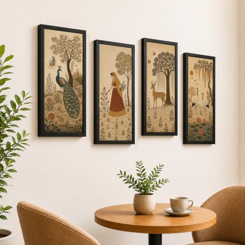 Image of Paintingmantra Traditional Indian Heritage Framed Wall Art Painting For Living Room | Peacock, Deer, Woman Artwork Poster with Frame for Wall, Decoration item for Bedroom, Set of 4, Size 9.5x19.5 Inch