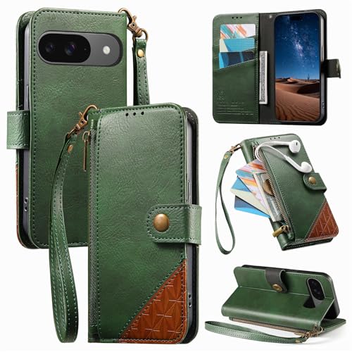 Compatible with Google Pixel 9 Pro XL 5G Compatible with Google Pixel 10 Pro XL 5G Flip Kickstand Zipper Wallet with a Lanyard and Magnetic Closure Phone Case Green