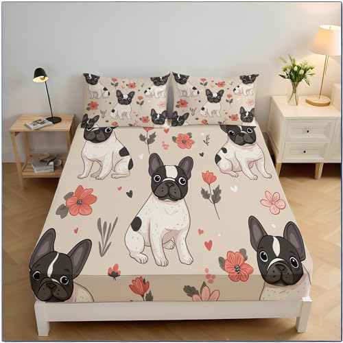 Tema Animale Lenzuola Con Angoli Bulldog Francese Lenzuolo Con Angoli 90X190Cm Microfibra Tessuto Morbido Per Letto Con Materasso Fino A 30Cm,Beige Chiaro