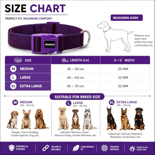 Image of Wooflix Premium Adjustable Dog Collar for Small, Medium & Large Breed Dogs | Heavy Duty Nylon Dog Neck Belt with Strong Buckle & D-Ring for Walking, Training & Daily Use (Purple, Extra Large)