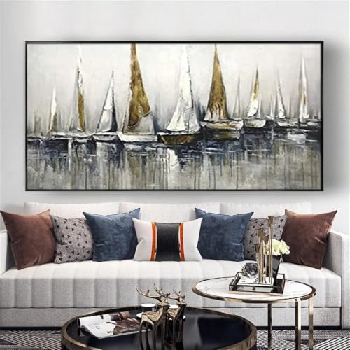 Tableau sur toile voilier paysage marin abstrait gris foncé 40x80 cm