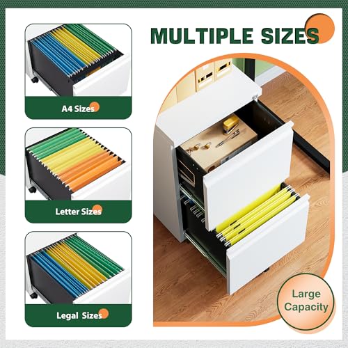 Image of Letaya 2 Drawer Mobile File Cabinet with Lock,Under Desk Metal Filing Cabinets for Home Office Organizer Letters /Legal /A4(Fully Assembled-White)
