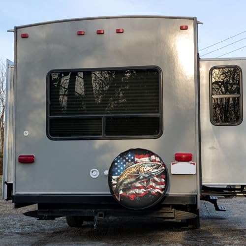 Image of Delerain Bass Fish American Flag Spare Tire Cover for RV Trailer SUV Truck and Many Vehicle, Wheel Covers Sun Protector Waterproof (15 Inch for Diameter 27 inch-29 inch)