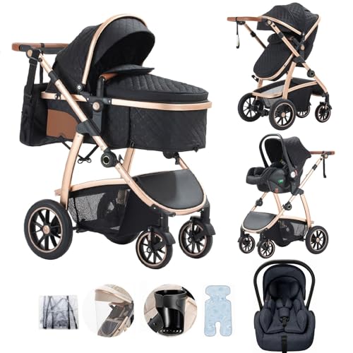Lnhcrbs Poussette 3 en 1 Avec Siège Auto,Stroller Bébé Compacte Réglable en Hauteur Avec Siège Auto, Poussette Face Parents Avec Moustiquaires, Sac Pour...