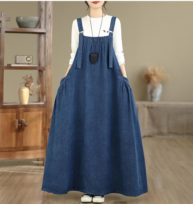 Image of Boho Jumper Dress for Women Loose Overall Pinafore Dresses Adjustable Straps Wide Hemline with Pockets Baggy Style