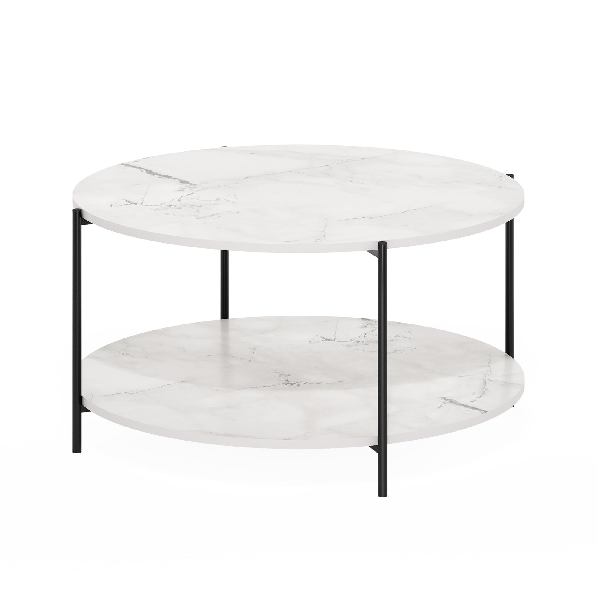 Furinno BESI Couchtisch, runder 2-Ebenen-Couchtisch mit Stauraum, Ablage und Metallbeinen, für Wohnzimmer, Hellmarmor, Light Marble/Black