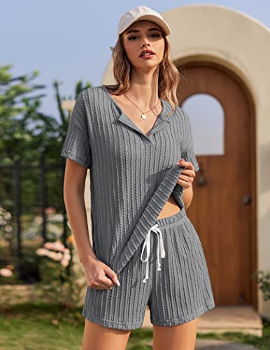 Ekouaer Pajama Set Womens Ribbed Knit Loungewear Set V Neck Sleepwear Soft Rib Knit Top 2 Piece Outfits Dark Gray #TOP5
