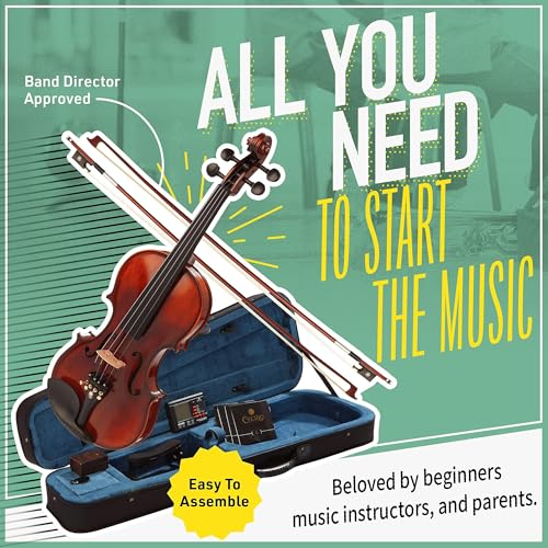 Image of Mendini By Cecilio 4 /4 Violin For Beginners, Black Solid Wood - Flamed Acoustic Violins Set with Case, Tuner, Shoulder Rest, Bow, Rosin, Bridge & Strings