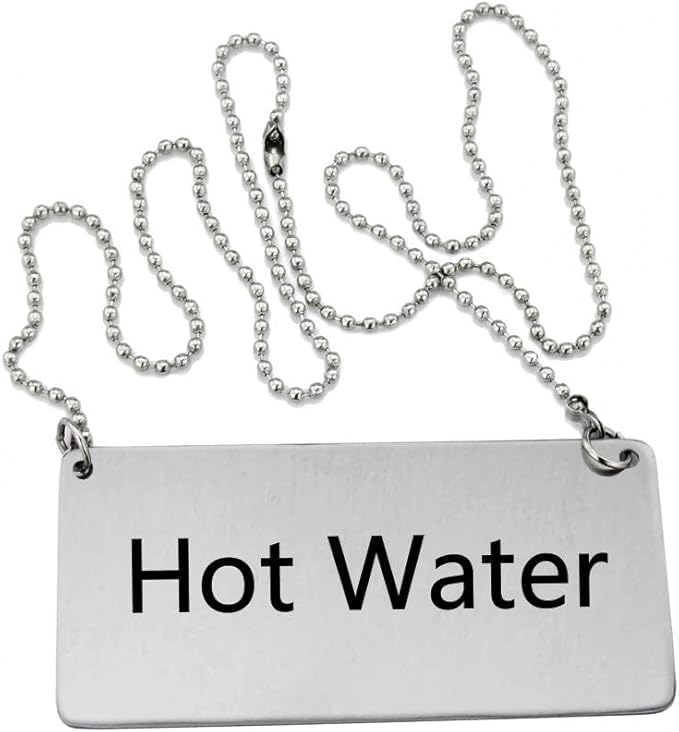 New Star Foodservice 27518 Stainless Steel Chain Sign, (Hot Water), 3.5"x 1.5", Set of 6
