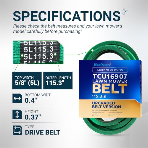 Image of [Upgraded Grip120] BlueStars TCU16907 Mower Drive Belt | 5 /8 inch x 115.3 inch | Drive Belt for John Deere ZTrak 737 757 Zero Turn Mowers, Heavy Duty Traction Drive V-Belt Replacement