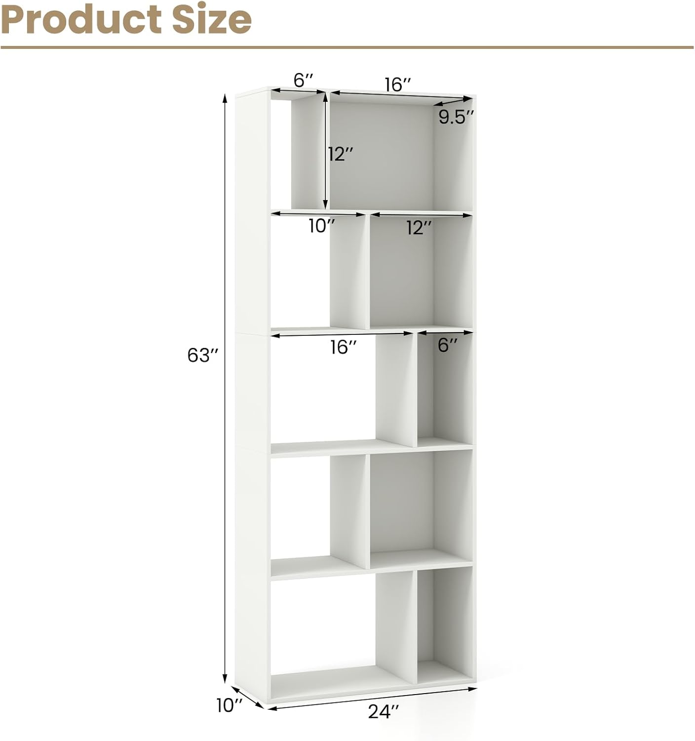 Giantex 5-Tier Geometric Bookshelf, 63" Modern Tall Bookcase, 10-Cube Storage Organizer, Freestanding Open Storage Shelving Unit, Display Rack Cabinet for Living Room, Study, Home Office, White (1)