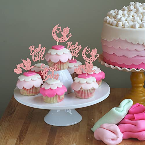 24Pcs Sweet Baby Girl Cupcake Toppers Rose Gold Glitter Moon Star Baby Shower Cupcake Picks Decorations For Gender Reveal Baby Shower Kids Girls Birthday Party Supplies #TOP5