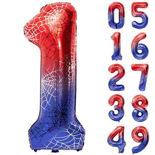 Image of 40 In Red And Blue Spider Theme Large Number 1 Balloon | Giant Large Helium Foil Balloon for Boy or Girl 1 th Birthday Wedding Anniversary Baby Shower Party Decorations