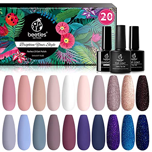 Beetles 20Pcs Gel Nail Polish Kit, with Glossy & Matte Top Coat and Base Coat- Girls Night Collection Popular White Nude Gray Glitters Gel Polish Soak Off Gel Nail Kits Mother's Day Gifts for Women Girls