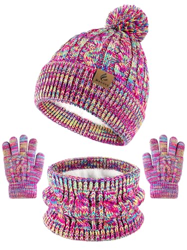 Wenouy Kids Winter Hat Gloves Scarf Set Toddler Winter Beanie with Pom Knit Neck Warmer Fleece Lined Gloves for Boys Girls A - Purple Red Mix 2-8 Years