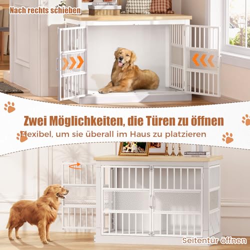 Hundekäfig Möbel, 104 cm Großer Hundebox für den Hausgebrauch, Modernes Indoor Holz-Hundekäfig, Doppel-Tür-Design, Bissfest, Geeignet für Kleine/Mittelgroße/Große Hunde, Weiß, 104x51x78 cm