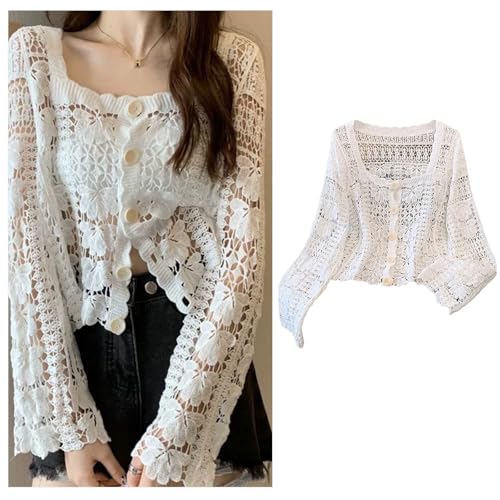 Womens Floral Lace Crochet Long Sleeve Cropped Cardigan Top Korean Styles Square Neck Button Down Mesh CoverupJackets2