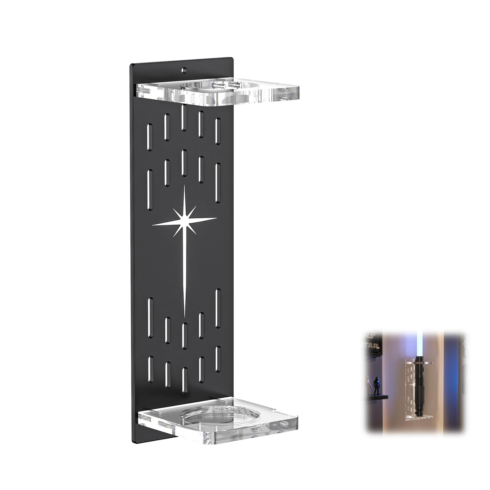 Alriedy 1PCS Sword Wall Mount Lightsaber Wall Mount Holder, Acrylic Vertical Display Stand Rack for Most Lightsabers, Black Wall-Mounted Lightsaber Stand with Screws Hardware for Collectors Gift