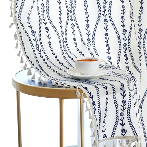 Beige and Navy Blue Patterned Boho Curtains 63 Inch Length,Country Farmhouse Fall Curtains for Living Room Bedroom,Stylish Linen Blend Privacy Let Light in Kitchen Dining Window Drapes 2 Panels
