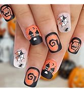 Kikmoya Halloween Short Nails Press on Square Fake Nails with White Ghost Face Spider Design 24pc...