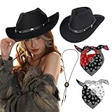 4 Stück Western Cowboyhut mit Bandana und Western-Cowboy-Anhänger, Kopfbedeckung für Faschingskostüme, Western Cowgirl Hüte für Verkleidung, Kostüm, Karneval, Mottoparty Cosplay Party Dress Up (Black)