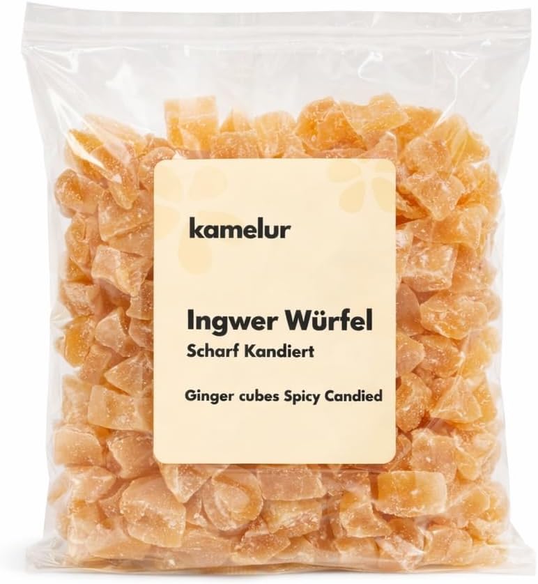 Kamelur 1 kg of spicy ginger dices, high-quality sweet and candied ginger cubes, pleasantly pungent and sulphite free