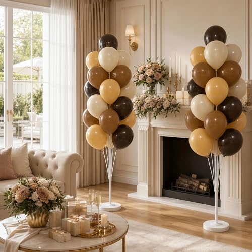 Image of Hiins Balloon Column Kit Set of 2 With Balloons Included - with Base,Pole,Balloon Tower Backdrop Decoration for Wedding, Baby Shower,Birthday Party,Bachelorette Parties (3xChocolate Brown)