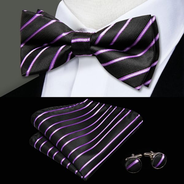 Image of Hi-Tie Bow Ties for Men Pre-Tied Pocket Square with Cufflinks Mens Bowtie Sets for Wedding Formal Party