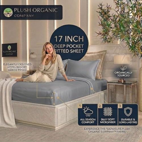 Image of Queen Luxury 4 Piece Bedsheet Set, Harbor Mist with White Piping, Cooling Resort Bedding, Deep Pockets, Ultra Soft, Viscose (Rayon) derived from bamboo, Organically grown, 300 Thread Count