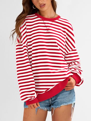 Image of PRETTYGARDEN Womens Striped Oversized Sweatshirt Color Block Crew Neck Long Sleeve Casual Loose Pullover Top Y2K Clothes