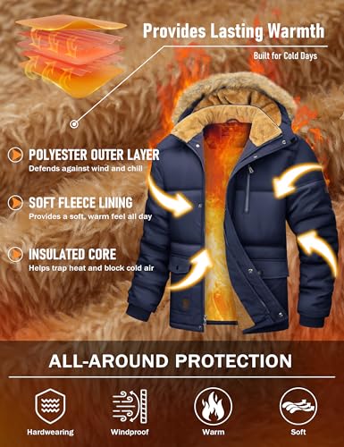 MAGCOMSEN Herren Fleece Parka Gefüttert Outdoor Winterjacke Winddicht Freizeitjacke Warme Daunenjacke Männer Fahrrad Arbeitsjacke Dick Wandern Mantel mit Abnehmbar Kapuze Dunkelblau L