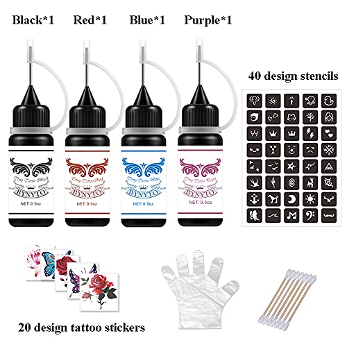 Temporary Tattoo Kit Semi Permanent Tattoo Jagua Gel Diy Fake Tattoo Ink With 40Pcs Adhesive Stencil 20 Sheets Flowers Butterfly Water Transfer Temp Tattoo Stickers For Women(Black/Red/Blue/Purple) #TOP3