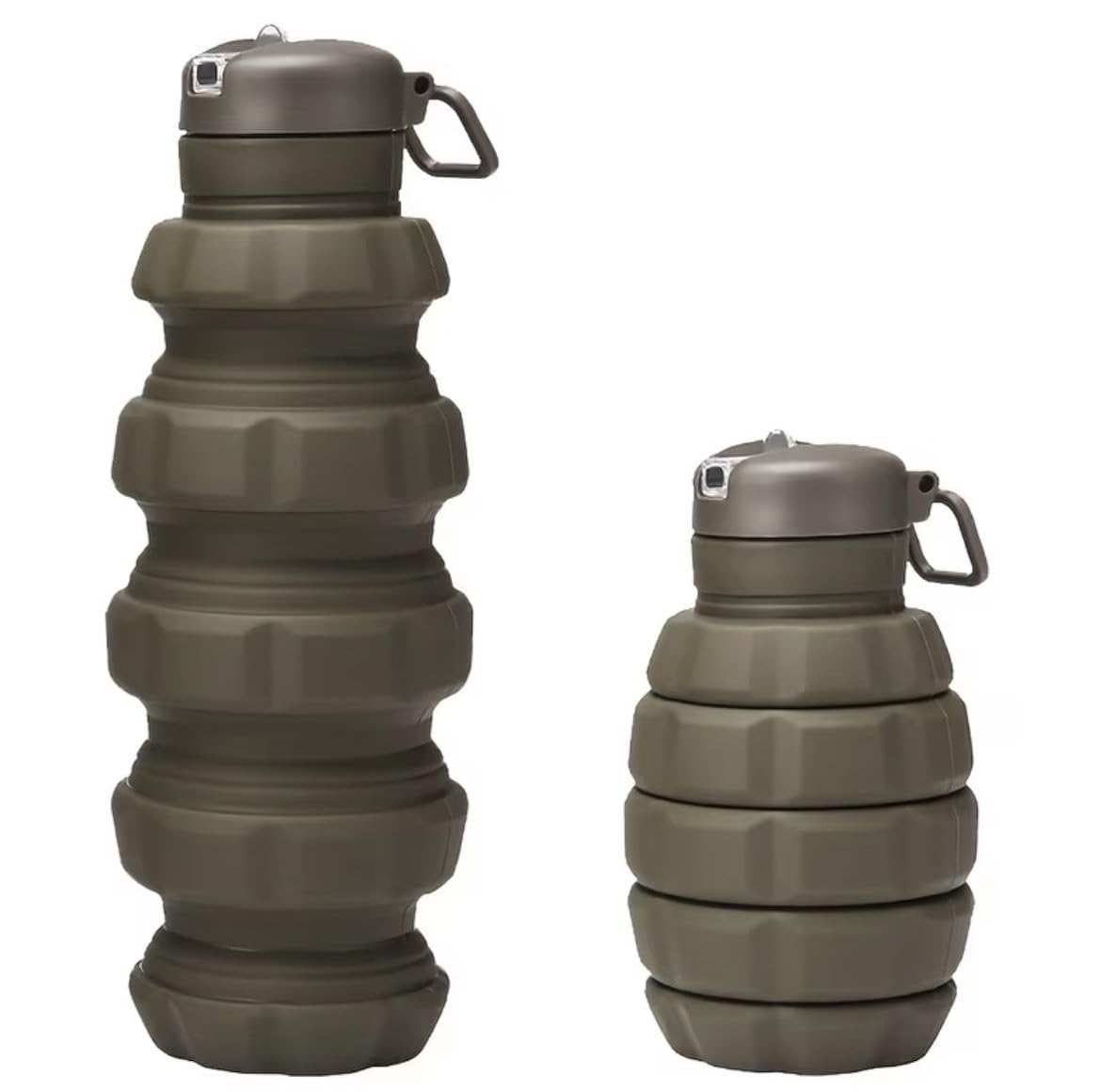 Grenade Shaped Collapsible Water Bottle 500ml, Army Green Silicone Folding Sports Flask with Carabiner, Leak Proof Novelty Gift for Military & Tank Fans, Gym, Camping & Hiking