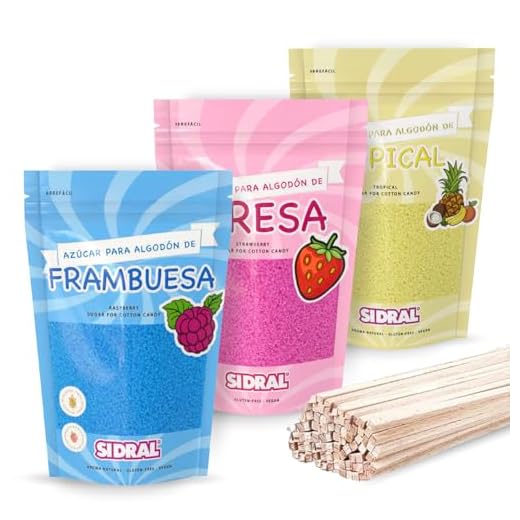 SIDRAL Azucar para Máquina Algodón (3 x 250 gr) con 50 Palitos Reciclables para Degustación - Lote de 3 Sabores (Fresa, Frambuesa y Tropical), Azúcar para Algodón de Azúcar - Ideal para Fiestas